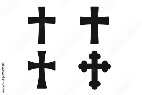 Christian cross symbol silhouette set. Vector icons of various religious crucifix shapes. Catholic and orthodox faith signs. Holy spirituality concept for church design elements.