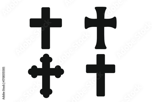 Set of Christian cross silhouettes. Various religious symbols collection. Black crucifix icons. Faith, Christianity, and Easter concept vector illustration. God & Jesus sign pack.