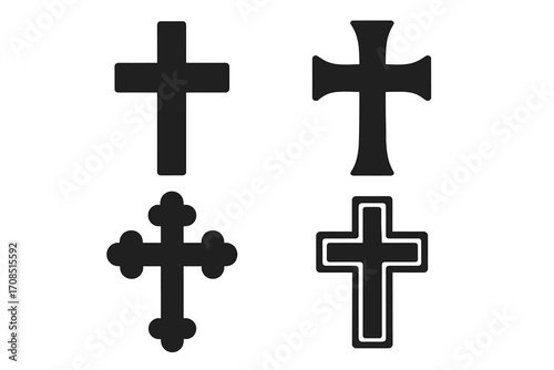 Set of Christian cross symbols. Collection of religious icons. Black grunge silhouette for faith, spirituality, and church concepts. Vector graphic of various crucifix shapes.