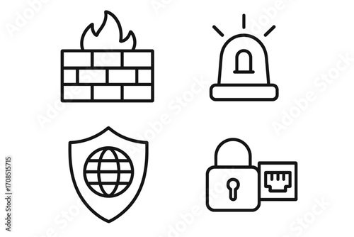 Cybersecurity line icon set with firewall, intrusion alarm, VPN shield, secure port lock. Network safety and data privacy concepts for internet protection. Vector illustration.