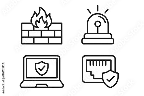 Cybersecurity linear icon set with firewall, intrusion alarm, and secure network connection. Vector icons for data protection, vpn, antivirus and internet safety concepts.