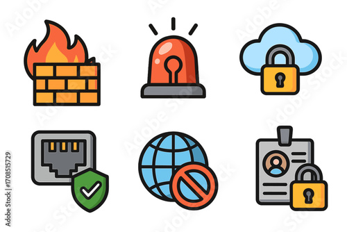 Cybersecurity flat icons set. Firewall, intrusion alarm, vpn, secure cloud, blocked ip address, access policy concepts. Network security and data protection vector symbols.
