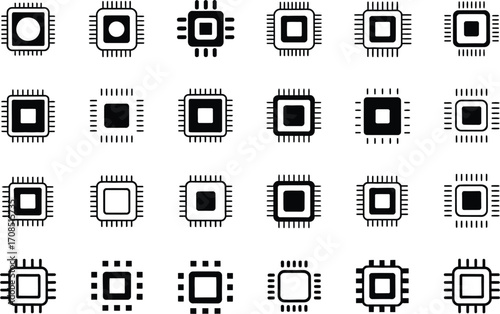 Collection of various microchip icons representing technology and computing power