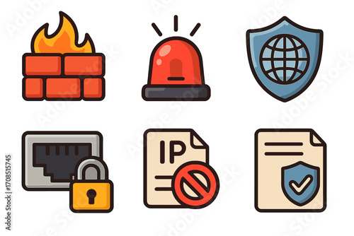 Cybersecurity icon set with firewall, intrusion alarm, and VPN. Vector symbols for network security, secure connection, blocked IP, and access policy. Data protection concept.