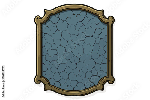 Ornate decorative plaque, golden border, cracked stone texture background. Antique empty frame sign for message. Retro vector illustration for game UI or award certificate.
