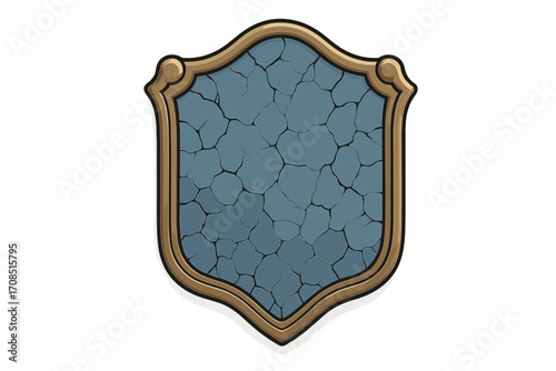 Ancient stone shield with gold border. Medieval cracked plaque for game UI. Royal fantasy insignia or heraldic emblem. Blank coat of arms badge for award or logo design.