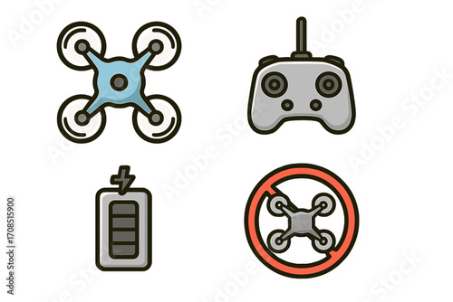 Vector drone icon set with quadcopter, remote control, battery, and no fly zone symbol. Cartoon illustration of aerial vehicle technology and flight restriction signs.