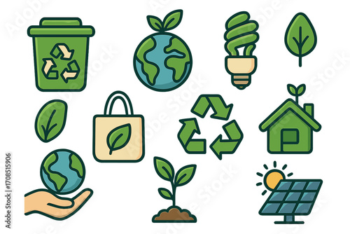 Eco friendly icon set for sustainability and green living. Vector icons of recycling, planet earth, solar panel, green energy, and conservation for environmental awareness.