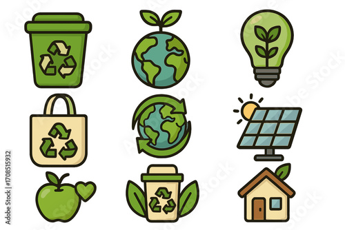 Set of eco friendly icons. Green energy and recycling concept. Sustainable living and zero waste lifestyle symbols. Renewable power, solar panel, eco house and reusable bag.