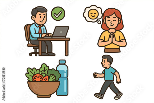 Employee wellness icon set for healthy workplace practices. Vector cartoon concepts of work-life balance, mental health, mindfulness, meditation, healthy food, and exercise.