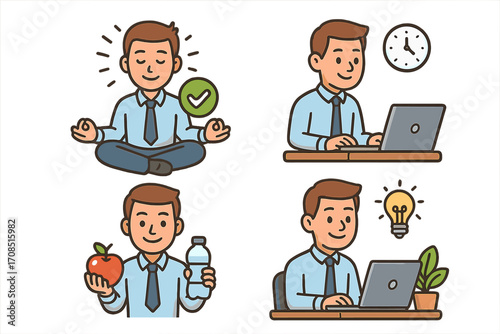 Employee wellness icon set for healthy office life, work life balance. Man meditating, eating fruit, time management, productivity idea. Health care vector cartoon illustration.