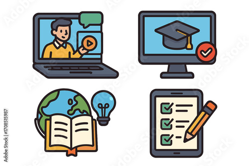 Online education concept icons. E-learning vector set with webinar, virtual classroom, digital graduation, online test, and global knowledge. Cartoon study symbols.