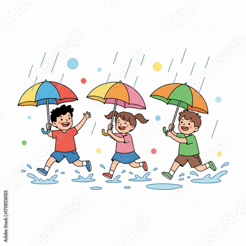 three children were having fun joking while using umbrellas in the rain