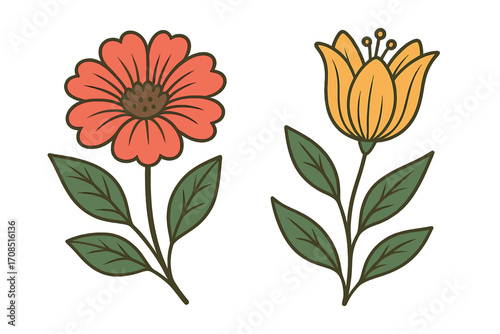 Retro flower power vector illustration set. Groovy 70s floral clipart with daisy and tulip. Botanical cartoon sticker design element for posters, prints, and decoration.
