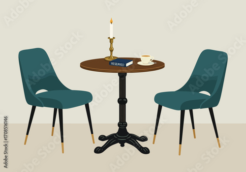 A cozy cafe setting with two teal chairs, a round wooden table, a candle, a book, and a cup of coffee, creating an inviting and intimate atmosphere in a vector illustration