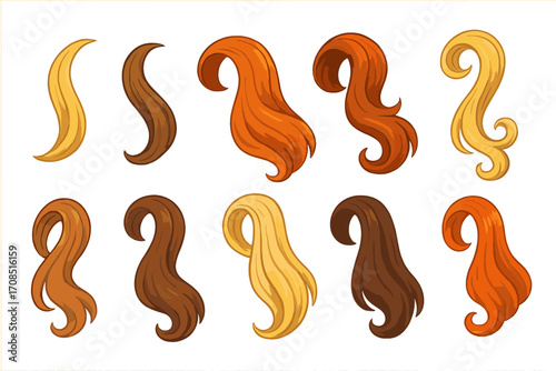 Hair strands set vector. Cartoon woman hairstyle constructor kit. Collection of flowing hair locks in blonde, brunette, red colors. Female wig elements for character design.