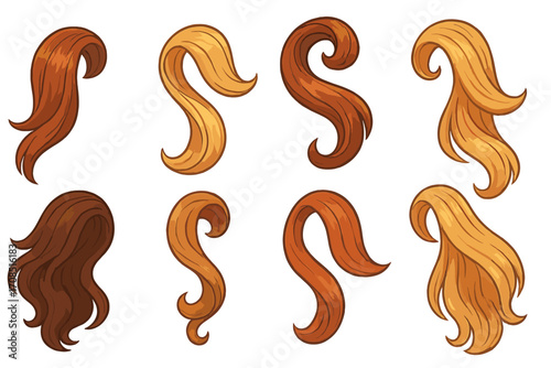 Woman hair strands set. Vector cartoon collection of different flowing hairstyle elements. Shiny locks and curls in blonde, brunette, and red colors. Beauty salon graphic.
