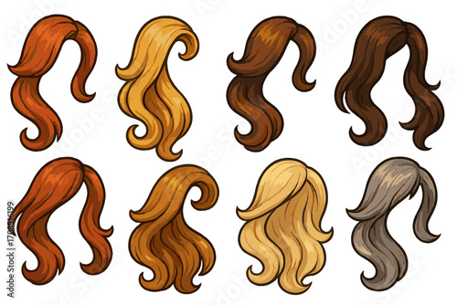 Woman hair style set. Cartoon wigs in different colors. Blonde, brunette, red, grey hair. Vector fashion illustration for beauty salon. Female hairstyle collection isolated.