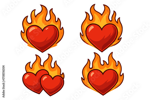 Burning hearts on fire illustration set. Metaphor for passion, desire and intense love. Flaming heart icon collection. Vector cartoon graphic for romance, Valentine's Day.