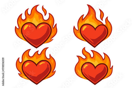 Hearts on fire vector illustration set. Burning love and passion concept. Hot desire and intense romance symbol. Valentine's Day cartoon icons with vibrant flames design.
