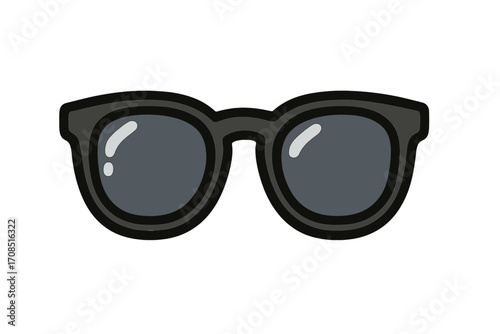 Hipster sunglasses vector illustration. Flat style icon of black retro glasses. Fashion accessory for summer. Modern eyewear design element. Sun protection symbol. Isolated object.
