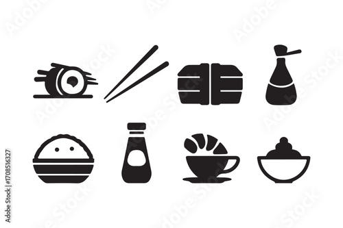 Japanese food icons set sushi chopsticks soy sauce and more