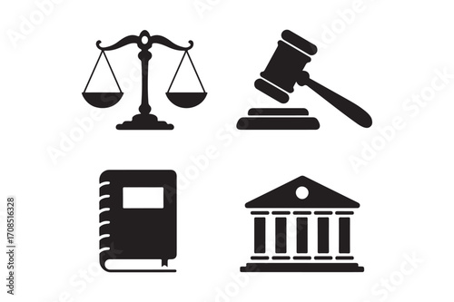 Four black icons representing justice law and legal concepts