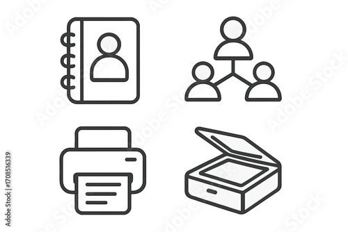 Business icons set in a modern linear style. Contact book, networking, printer, and scanner symbols. Office equipment and technology signs for web and app design. Vector pack.