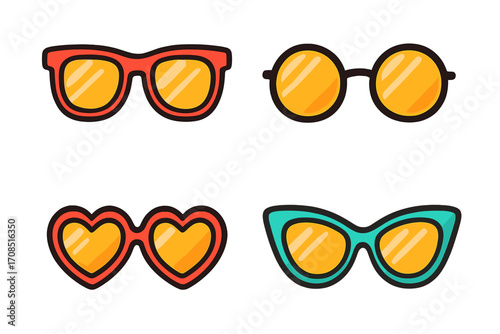 Vector sunglasses set. Retro fashion glasses collection. Hipster, heart, cat-eye and round eyeglasses icon. Summer eyewear illustration in flat cartoon style for design.