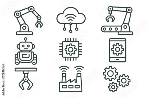 Set of industrial technology line icons. Concepts for robotics, IoT, automation, and smart factory. Vector graphics for industry 4.0, AI, cloud computing and manufacturing.