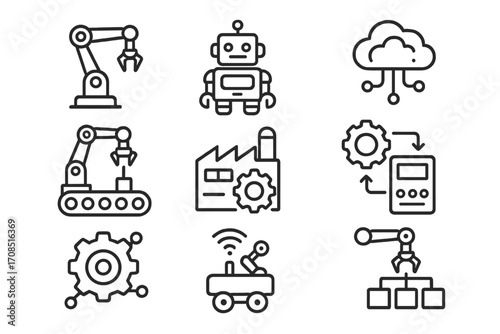 Vector icon set of industrial technology, automation, and robotics in linear style. Smart factory, industry 4.0, IoT, and manufacturing process symbols. Robot arm, AI.