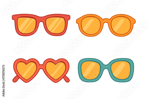 Set of retro sunglasses vector icons. Colorful summer fashion eyeglasses collection. Flat cartoon illustration pack with various styles like heart-shaped, round, and classic frames.