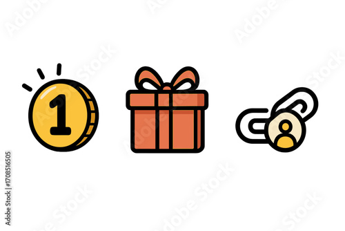 Loyalty program icon set with point coin, gift box, and user referral link. Simple cartoon vector for customer rewards, marketing, and affiliate programs. UI UX element design.