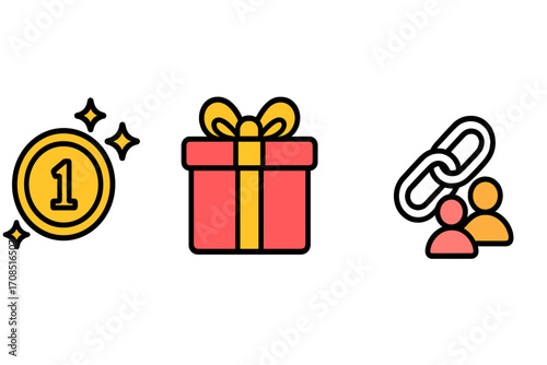 Loyalty program icon set with rewards points, gift box prize, and customer referral link. Vector cartoon illustration for marketing, bonus, and client retention concepts.