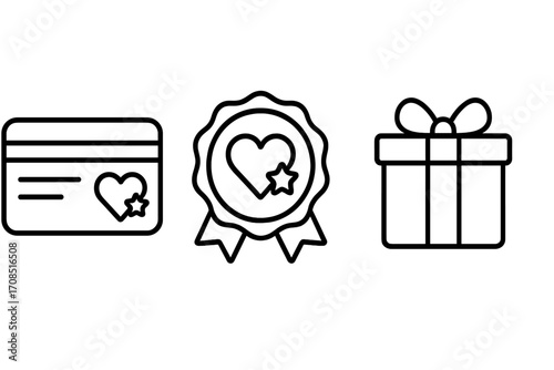 Loyalty program icon set. Customer reward and bonus points symbols. Line art vector of gift card, VIP member badge, and present box for marketing and promotion concept.