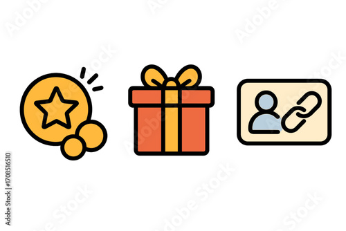 Loyalty program icon set with rewards points, gift box bonus, and referral link. Customer retention marketing symbols. Vector illustration for affiliate program or membership.