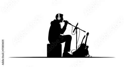 Passionate musician singing into microphone with guitars ready for performance, creating captivating sound