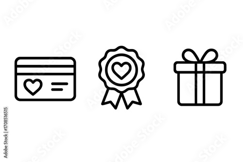 Loyalty rewards program icon set with member card, quality badge and gift box symbol. Vector line art illustration for customer retention, client benefits, and appreciation.