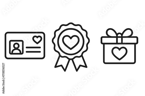 Loyalty program icon set. Customer reward linear symbols. Membership card, award badge, and gift box with heart. Client retention bonus and marketing vector signs.