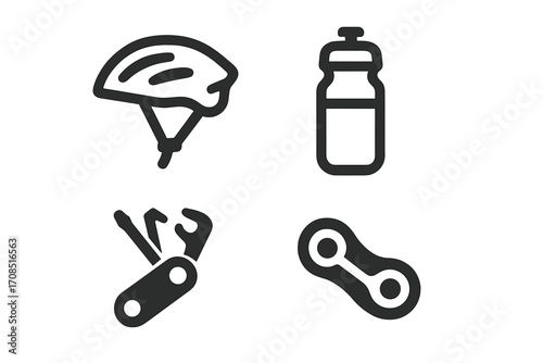 Minimalist bicycle gear icons set including helmet, water bottle, multi-tool, and bicycle chain. Vector cartoon illustration, transparent background, cycling essentials, bike accessories.