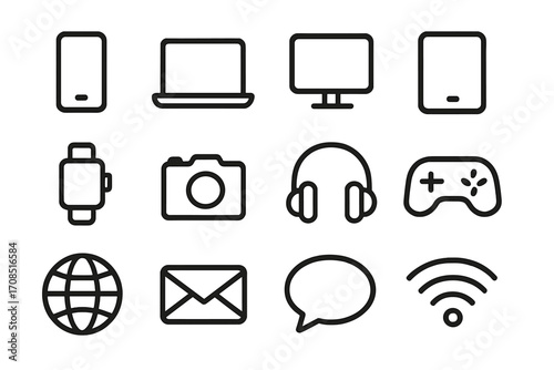 Minimalist black linear icons representing technology and communication devices, gadgets and digital symbols set with transparent background for modern design