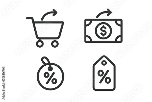 Minimalist cashback and discount icons for e-commerce platforms, including shopping cart, money return, percentage tags, and sale symbols, vector cartoon set with transparent background