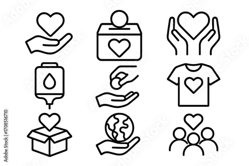 Minimalist donation and charity icons set for social causes, including giving hands, heart symbols, donation box, blood bag, globe, shirt with heart, and community support concepts vector