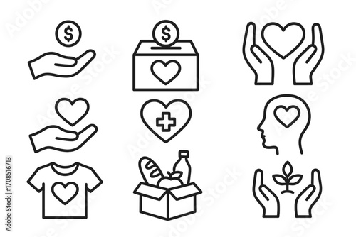 Minimalist donation and charity icons set for social causes and community support, vector cartoon illustration with transparent background, symbols of giving, health, and care