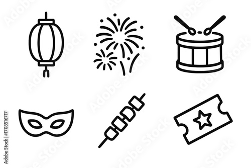 Minimalist festival icons set with lantern, fireworks, drum, mask, skewer, and ticket symbols, vector cartoon illustration, celebration and party elements, transparent background