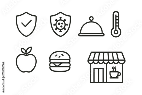 Minimalist food safety and hygiene icons set with coffee shop, healthy apple, burger, temperature, virus shield, and serving cloche outline vector illustrations for restaurant design