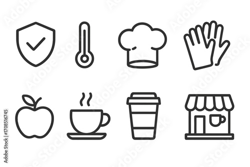 Minimalist food safety and coffee shop icon set with outline design, vector cartoon illustration, transparent background, ordered collection including chef hat, gloves, apple, cup, and shop