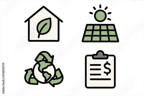Minimalist icons set for eco living and sustainable business essentials, green energy, recycling, renewable solar power, environmental protection, finance clipboard, vector cartoon illustration