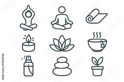 Minimalist yoga meditation wellness icons set, vector cartoon illustration of yoga poses, lotus flower, candle, tea cup, stones, spray, and plant for healthy lifestyle design