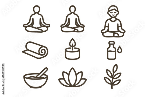 Minimalist Yoga Meditation Wellness Icons Set with Lotus Candle Essential Oil and Relaxation Elements, Vector Cartoon Illustration, Transparent Background, Calm and Mindfulness Symbols